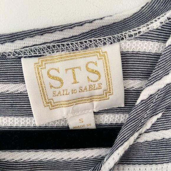 Sail to Sable Blue White Stripe Delicate Eyelet Long Sleeve Shift Dress - Picture 5 of 8